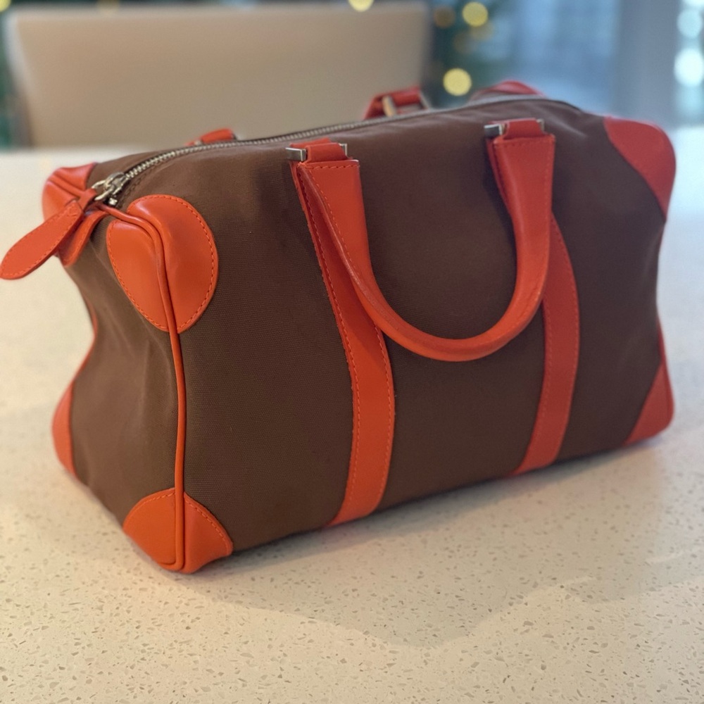 Barneys New York Brown and Orange Canvas bag with Leather trim - Picture 4 of 9